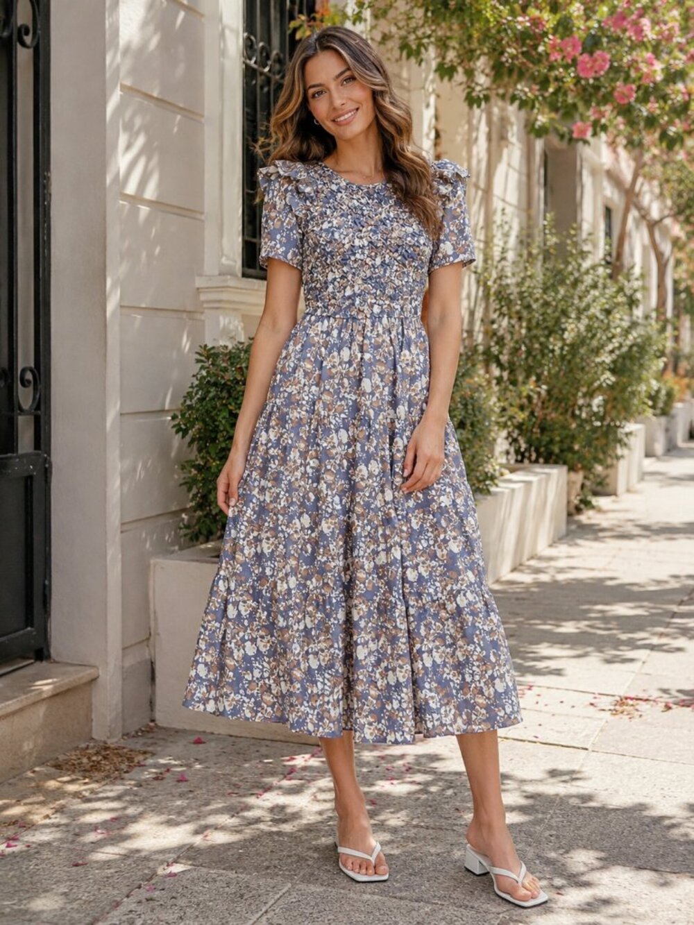 EN SAISON Loire Blue Floral Smocked Tiered Midi Dress Small NWT